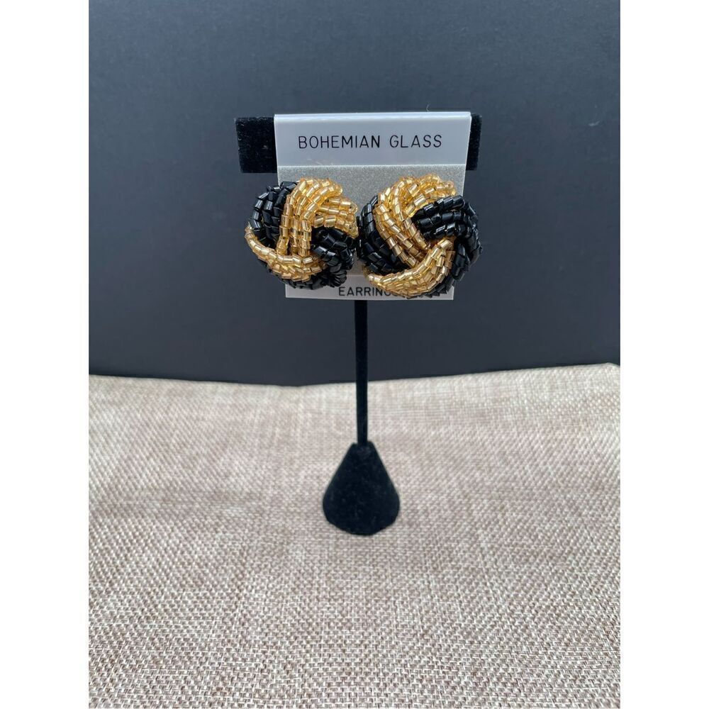Bohemian Crystal Clip On Earrings Black Hold Knot Style
